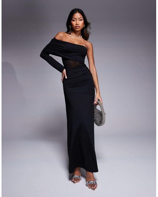 ASOS Blue Asymmetric One Shoulder Maxi Dress With Mesh Cut Out