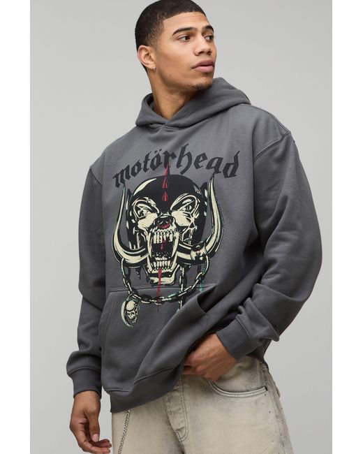 BoohooMAN Gray Oversized Motorhead License Printed Hoodie for men