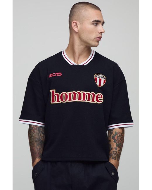 BoohooMAN Blue Oversized Boxy Homme Waffle Embroidered Sports Top for men
