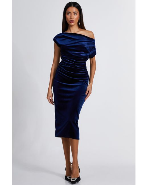 Quiz Blue Velvet One Shoulder Midaxi Dress Material_Polyester