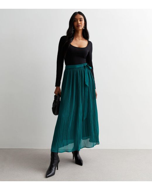 Gini London Green Pleated Belt Detail Midi Skirt