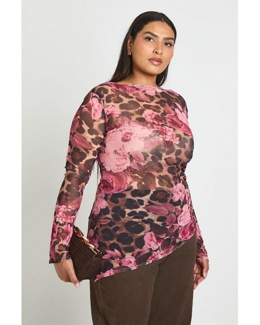 Boohoo Red Plus Floral Mesh Asymmetric Top
