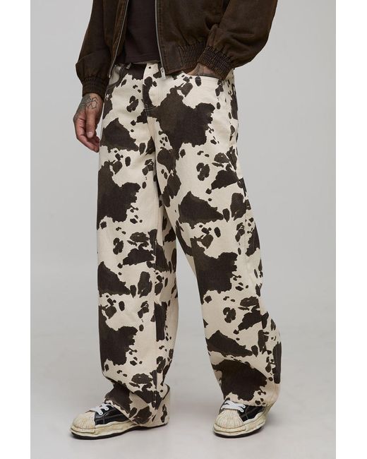 BoohooMAN Brown Tall Washed Baggy Fit Cow Print Jeans for men