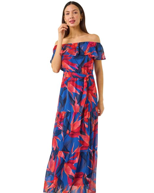 Roman Blue Floral Print Bardot Belted Maxi Dress