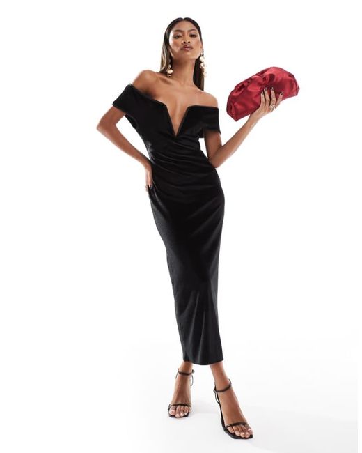 ASOS Black Velvet Deep V Front Bardot Maxi Dress