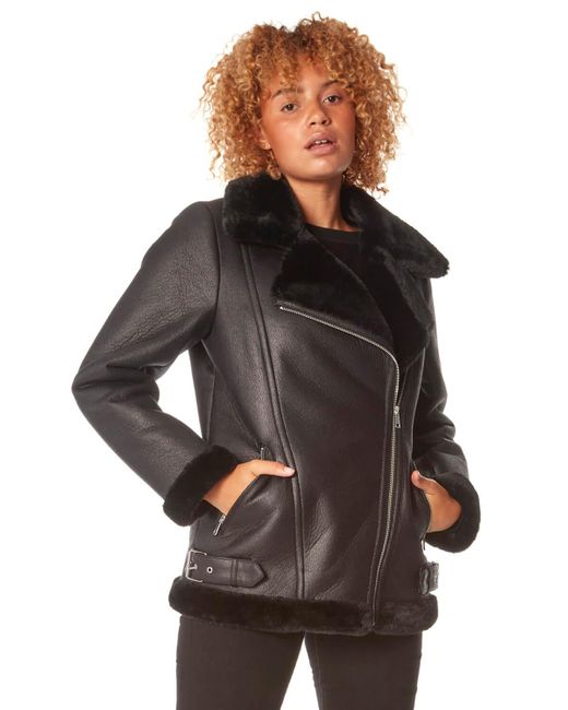 Roman Black Faux Fur Lined Zip Detail Aviator Jacket