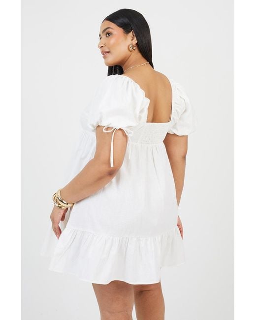 Brave Soul White Curve Cotton Puff Sleeve Mini Dress