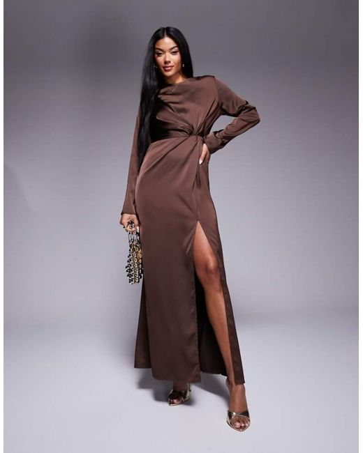 In The Style Brown X Hannah Satin Twist Detail Maxi Dress
