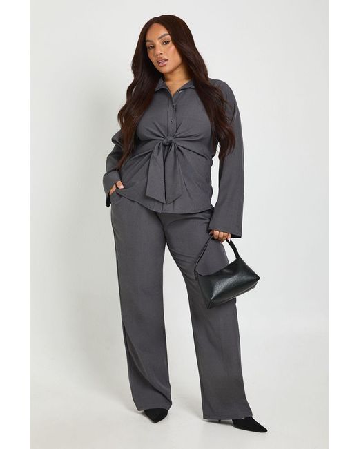 Boohoo Blue Plus Tied Front Woven Shirt And Wide Leg Trouser