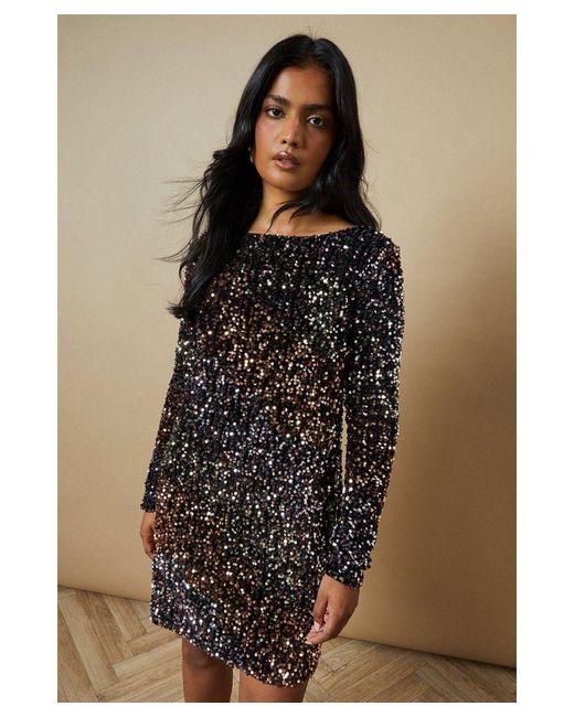 Oasis Natural Petite Ombre Sequin Bow Mini Dress