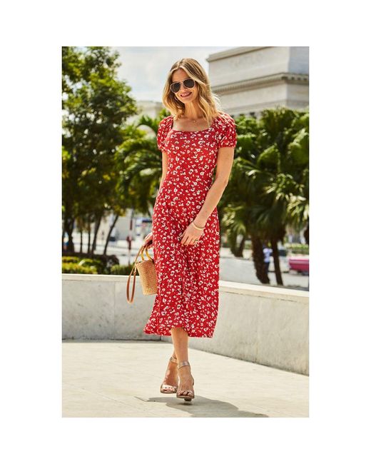 Sosandar Green Ditsy Floral Print Puff Sleeve Jersey Midi Dress