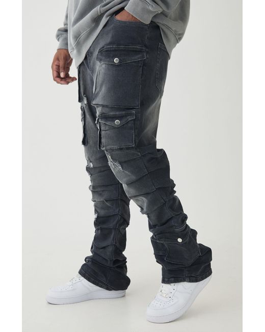 BoohooMAN Blue Plus Stacked Multi Cargo Pocket Flared Jeans for men