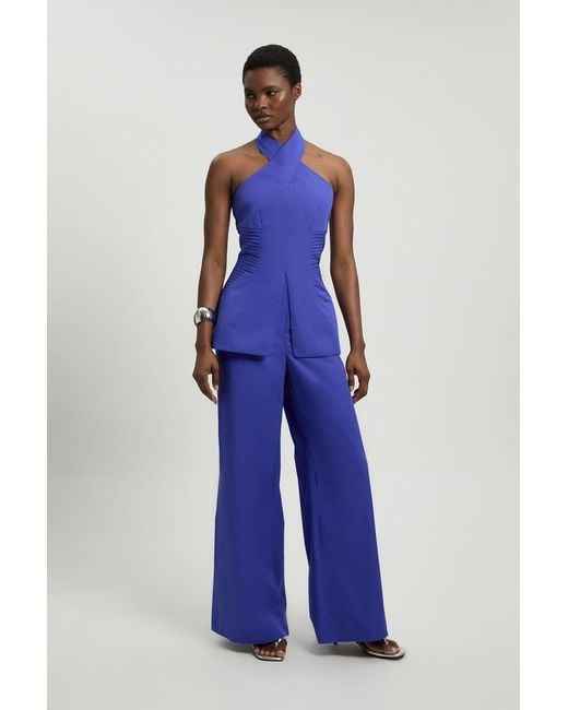 Karen Millen Blue Tailored Cotton Sateen Halter Jumpsuit