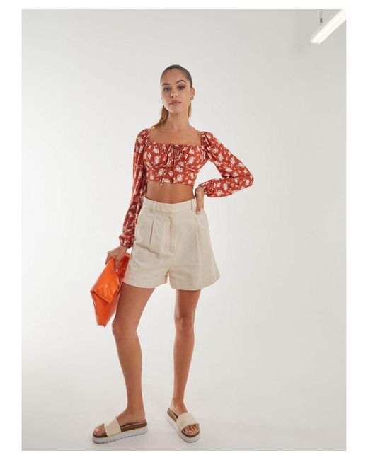 Pink Vanilla Orange Floral Printed Long Balloon Sleeve Top