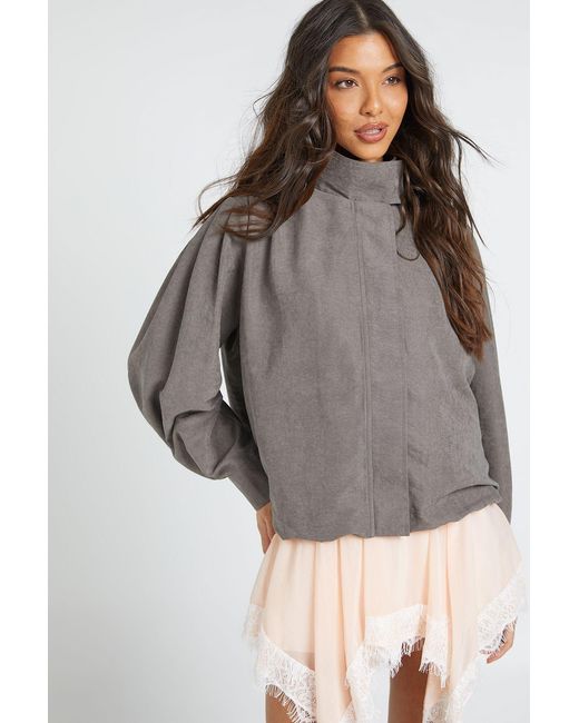 Boohoo Gray Ruched Bubble Hem High Neck Zip Through Top
