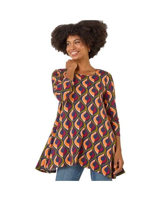 Roman Brown Geo Print Hanky Hem Stretch Top