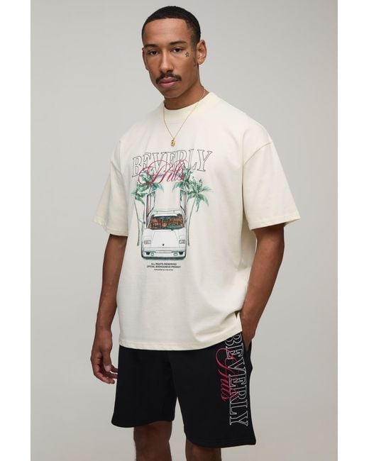 BoohooMAN Natural Oversized Extended Neck Beverly Hills Palm Print T-Shirt & Short Set for men