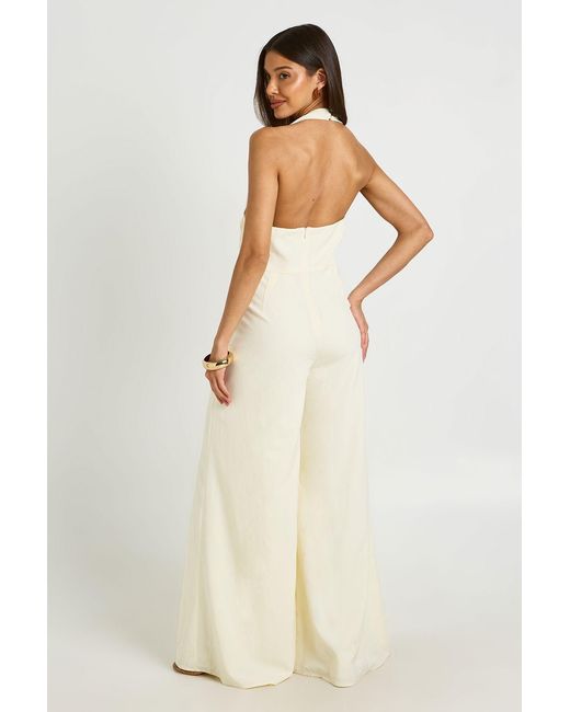 Boohoo Natural Halterneck Drape Detail Trim Wide Leg Jumpsuit