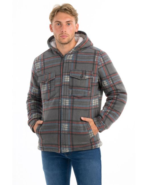 Port Nova Gray Hooded Fleece Lined Check Shirt Jacket Zip for men