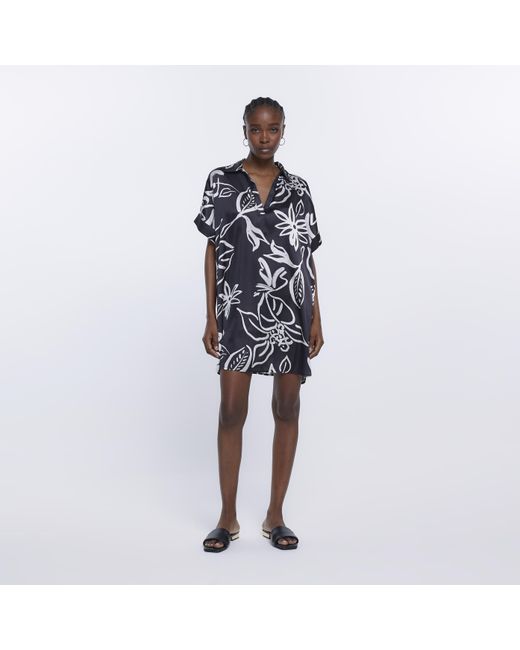 River Island White Mini Shirt Dress Floral Short Sleeve