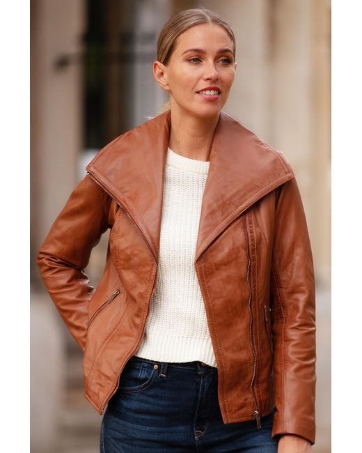Ashwood Leather Brown 'Isabella' Real Wide Collar Biker Jacket