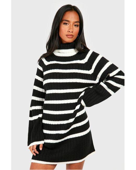 Boohoo Black Petite Roll Neck Wide Sleeve Stripe Jumper Dress