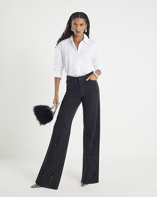 River Island Blue Straight Jeans Relaxed Embellished Cotton