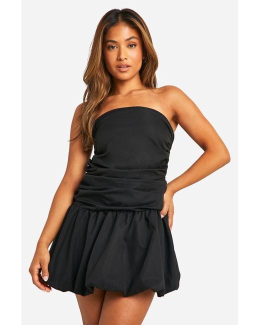 Boohoo Black Petite Ruched Bandeau Open Back Puff Ball Mini Dress
