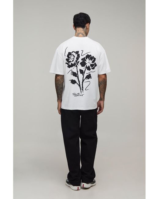 BoohooMAN Gray Tall Oversized Floral Sketch Print T-Shirt Cotton for men