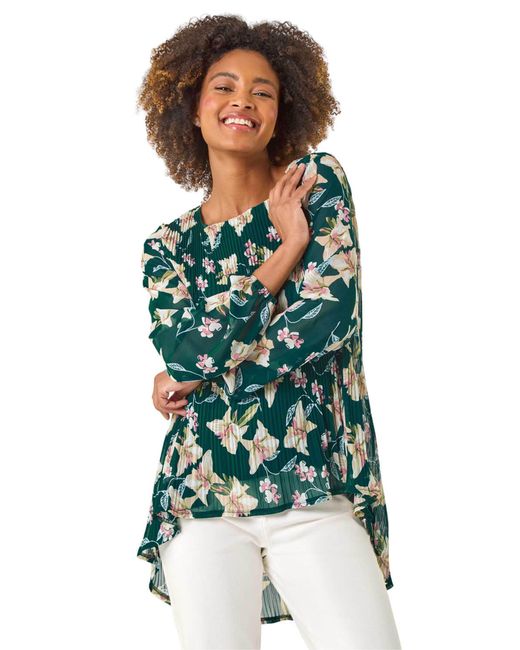 Roman Green Floral Print Pleated Top