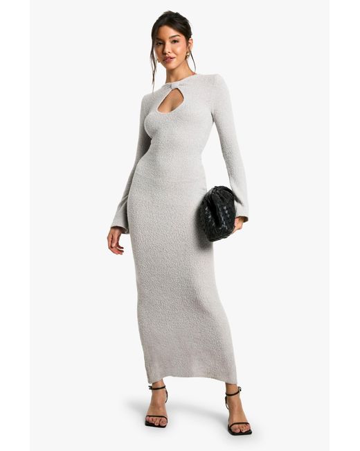 Boohoo Gray Neck Detail Boucle Maxi Dress