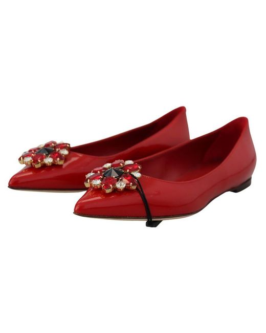 Dolce & Gabbana Red Leather Crystals Loafers Flats Shoes