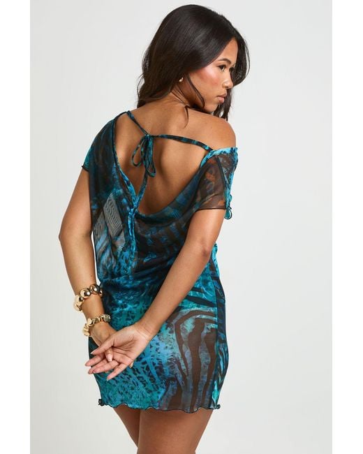 Boohoo Blue Abstract Print Sheer Mesh Asym Cowl Back Mini Beach Dress