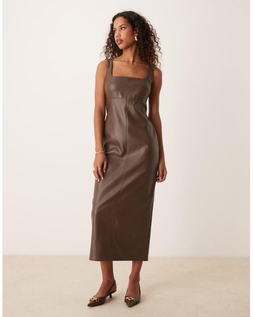 asos brown leather dress Look Square Scoop Neck Midi With Seaming Detail in Natural Burgundy