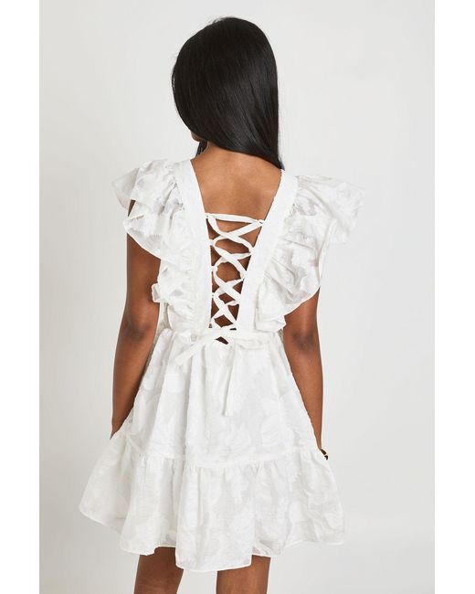 Boohoo White Floral Burnout Lace Up Back Mini Dress