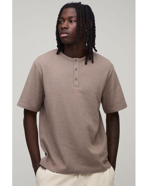 BoohooMAN Gray Regular Fit Waffle Henley T-Shirt for men