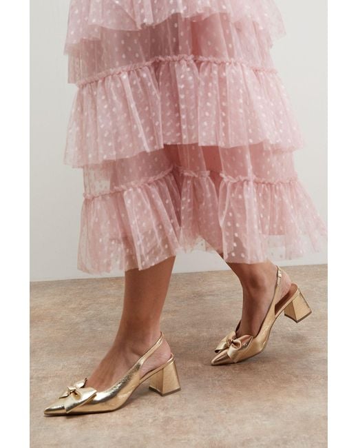 Oasis Pink Seala Metallic Faux Leather Bow Slingback Medium Block Heel Court Shoes