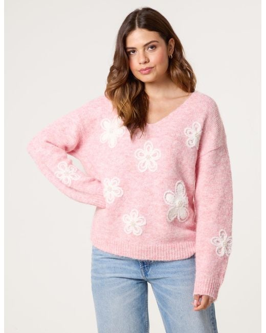 Blue Vanilla Pink V Neck Flower And Pearl Jumper