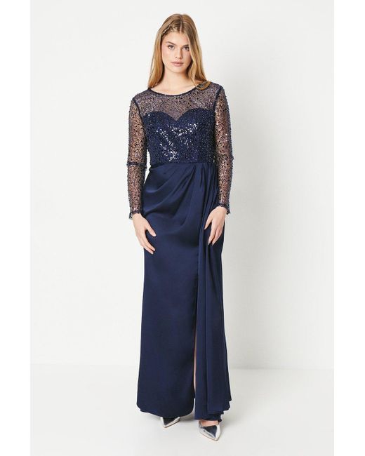 Debut London Blue By Coast Long Sleeve Satin Skirt Prom Dress