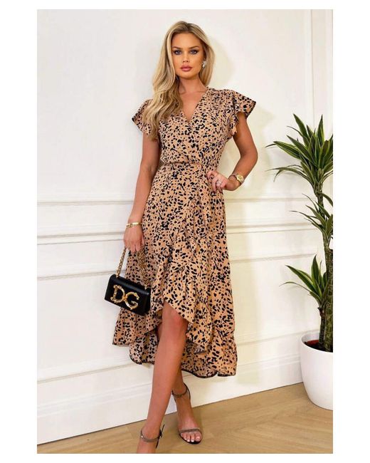 AX Paris Metallic And Printed Wrap Over Frill Hem Short Sleeve Midi Dress