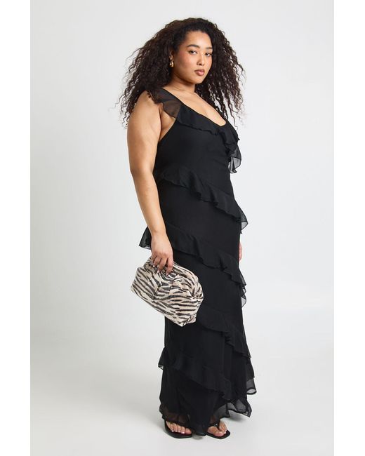 Boohoo Black Plus Chiffon Ruffle Strappy Maxi Dress