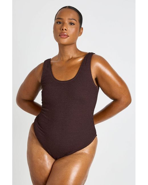 Boohoo Brown Plus Crinkle Scoop Neck Trim Detail Swimsuit