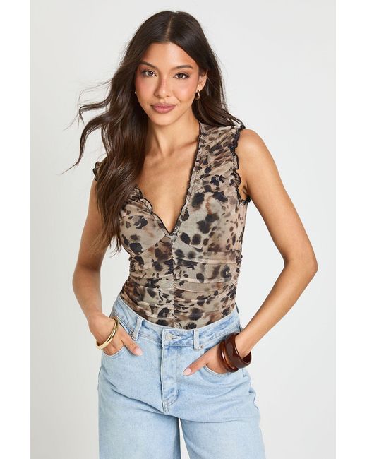 Boohoo Blue Animal Printed Mesh Ruched Neckline Bodysuit