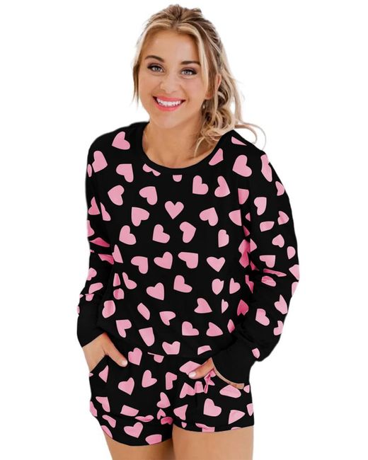 Azura Exchange Zwarte Valentijn Hartvorm Print Lange Mouw Top Korte Broek Lounge Set in het Black