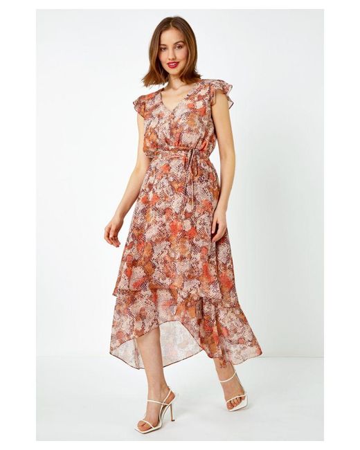 Roman Pink Snake Print Tiered Midi Dress