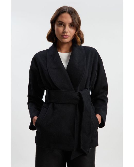Karen Millen Black Brushed Wool Belted Wrap Tailored Short Coat