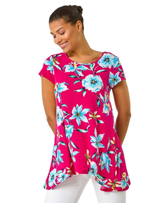 Roman Red Floral Print Hanky Hem Stretch Tunic Top