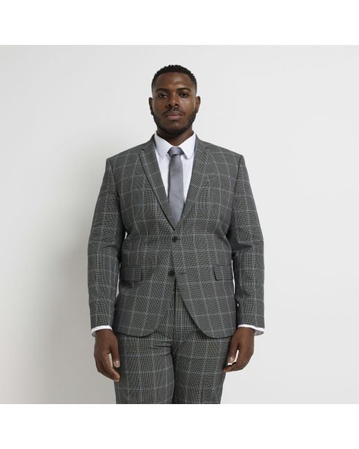 River Island Gray Suit Jacket Big & Tall Slim Fit Check for men