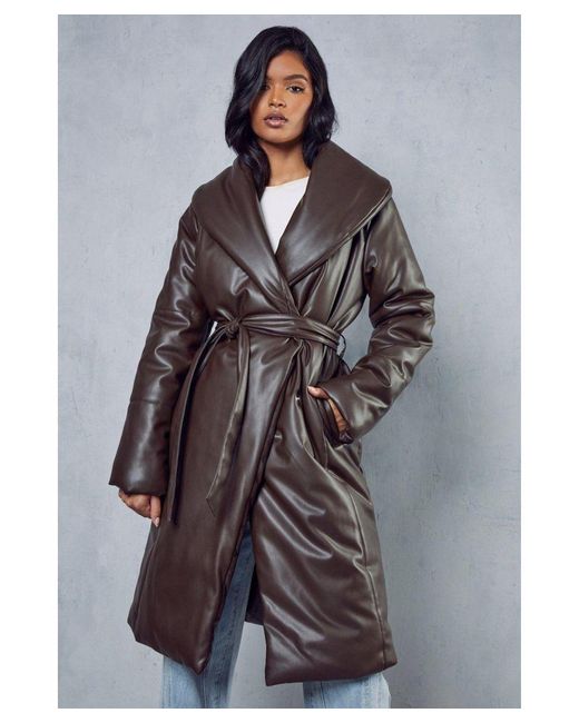 MissPap Gray Leather Look Padded Longline Coat