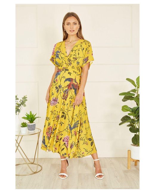 Yumi' Yellow Viscose Bird And Floral Print Ruched Waist Midi Dress